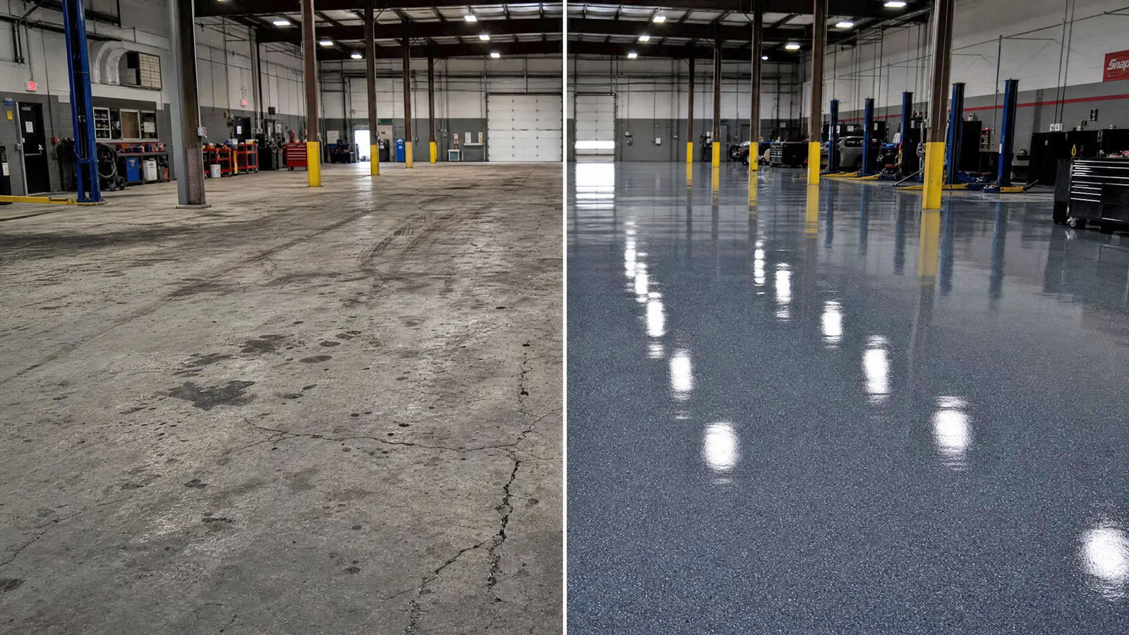 Commercial floor coating before and after — auto shop in Fort Mill SC